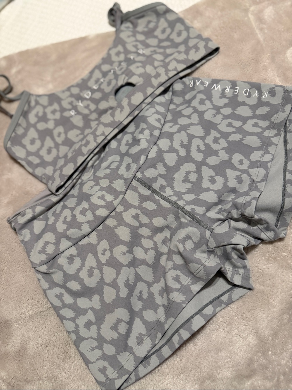 Ryderwear Grey Leopard Print High-Rise Athletic Shorts and bra.